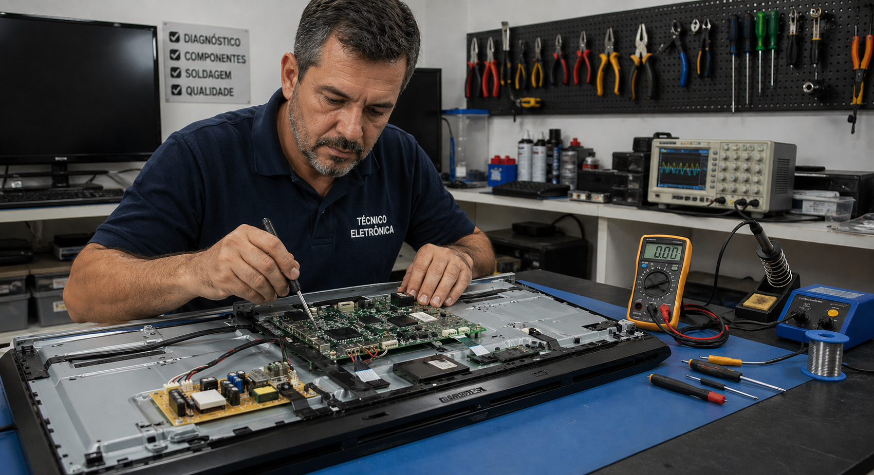 Técnico consertando TV em bancada de trabalho